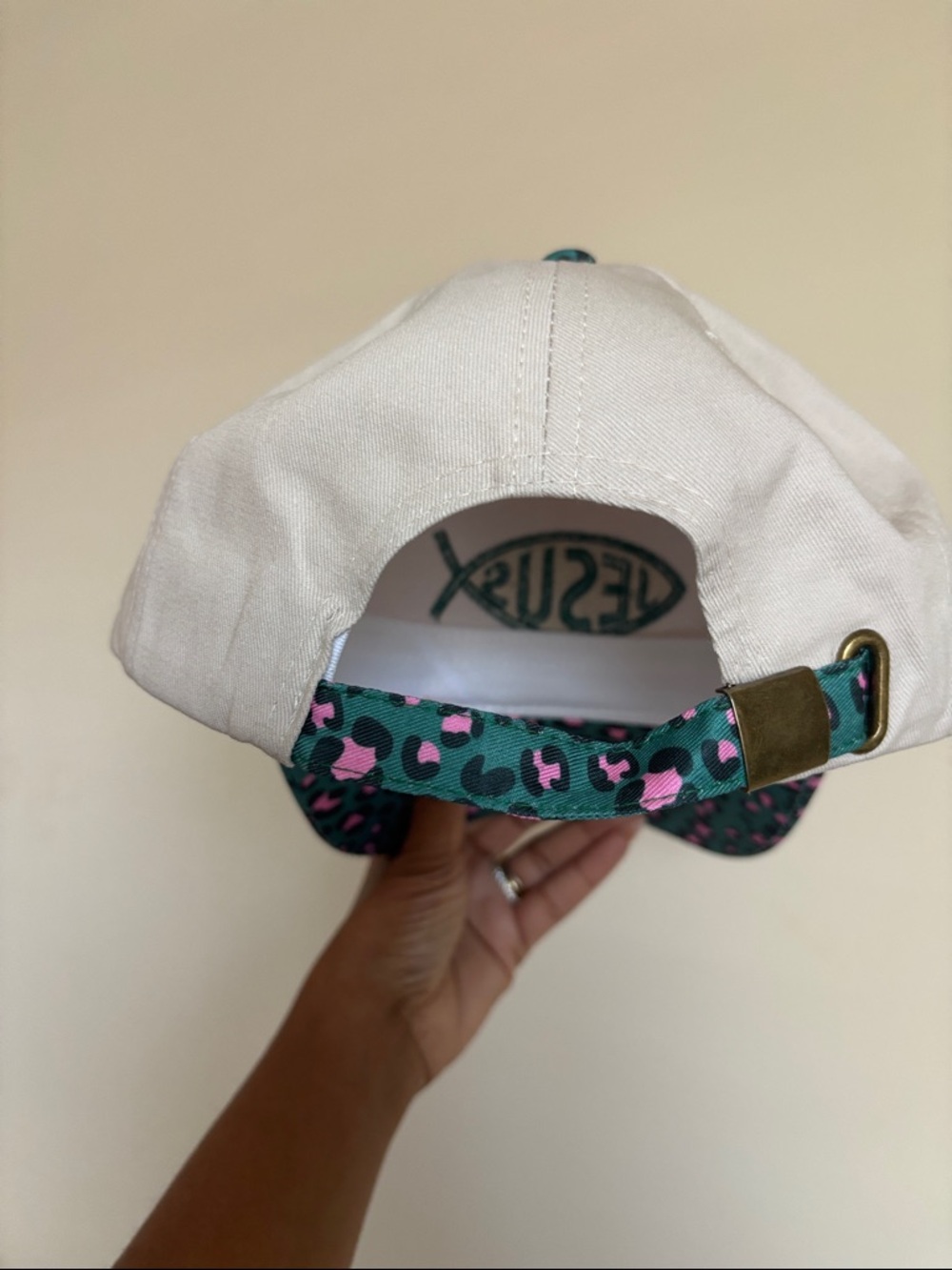 JESUS Embroidered Trucker Hat with Teal & Pink Leopard Brim - Picture 3 of 3